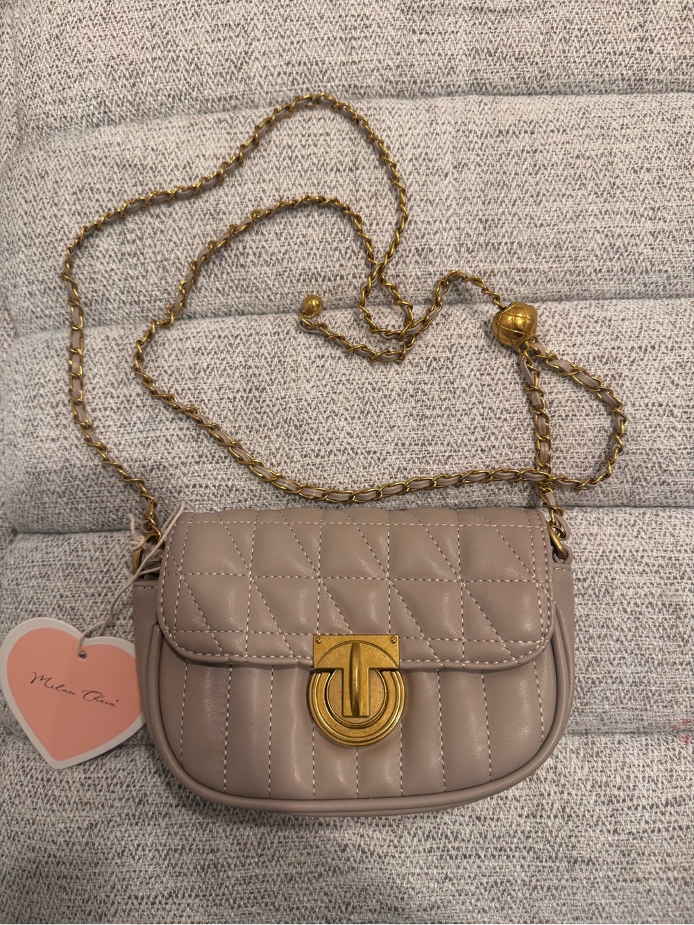 Taupe Quilted Crossbody Bag in Taupe with Gold Chain